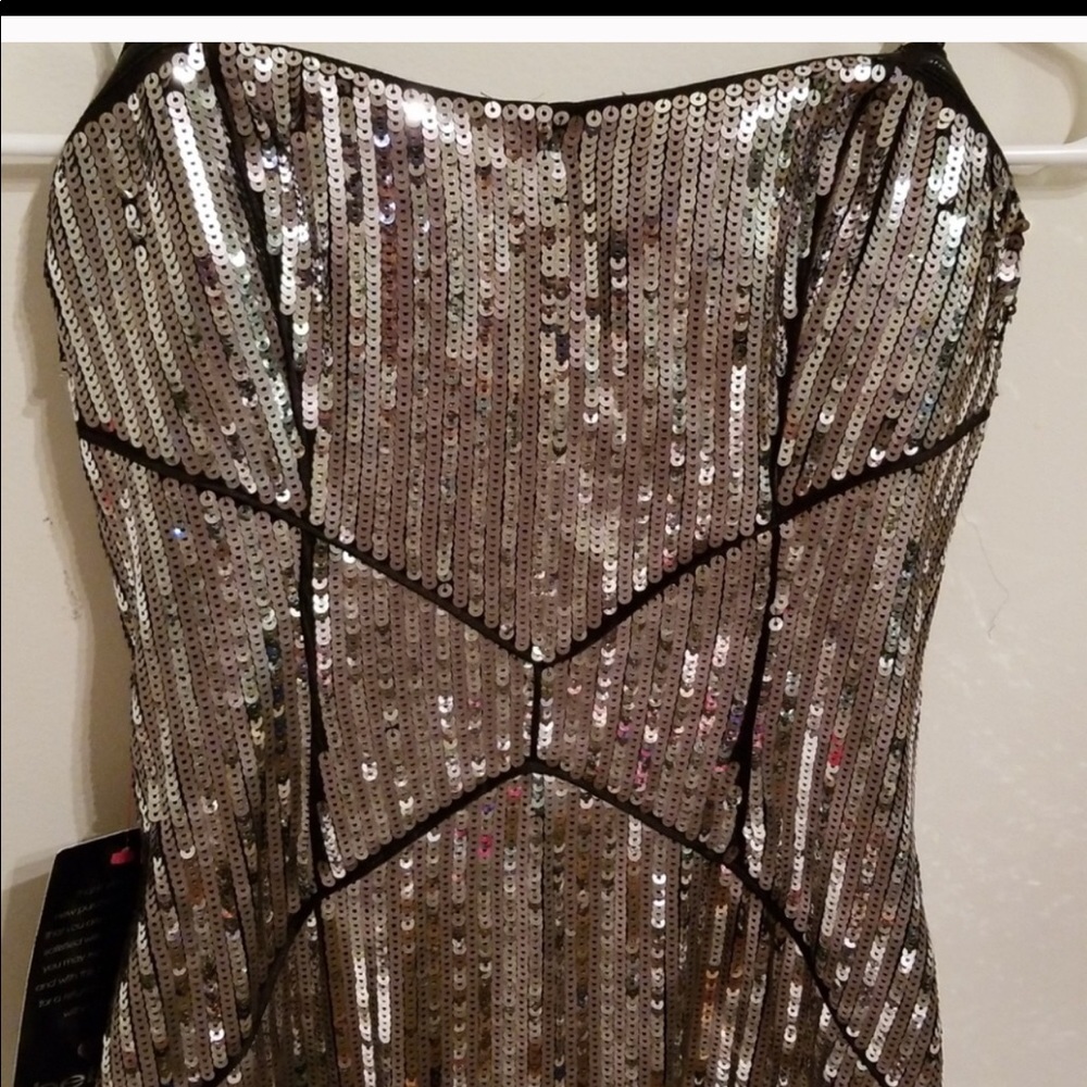 Bebe Gunmetal sequin with chainmail fringe dress - Picture 3 of 5
